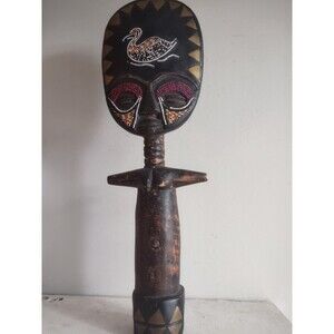 Vintage Namji african fertility doll hand carved wood w/ beads 15 X 4”